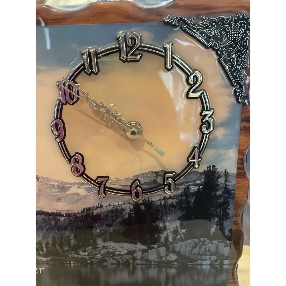 Ornate Mountain Scene Laminate Lords Prayer Clock Mounted On Pine Rustic Vtg 80s